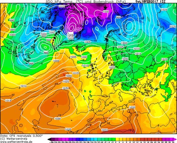 Şekil 6: 9 Şubat 2017 Yılı Gmt 6Z Zamanına Ait 850hPa Sinoptik Kartı (Url-3) Şekil 7: 12 Şubat 2017 yılı Gmt 18Z Zamanına Ait Sinoptik Kartı (Url-3) 9 Şubat günü Avrupa da Litvanya merkezli bir cp