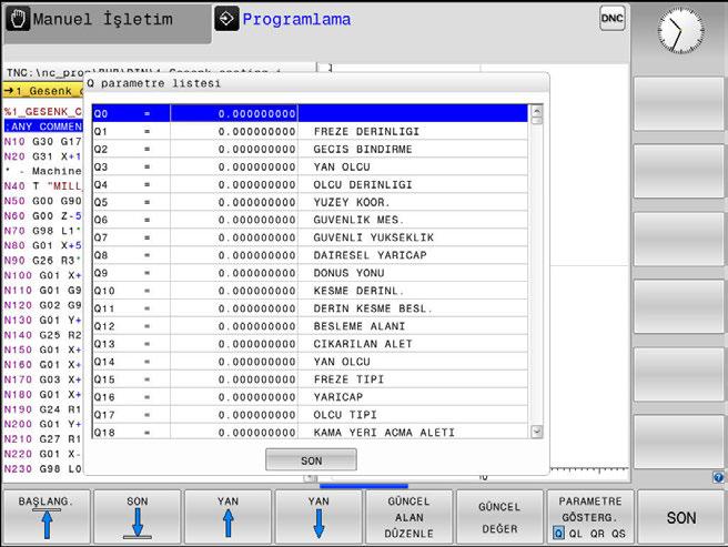 NC DURDUR tuşuna ve INTERN DURDUR yazılım tuşuna basın) veya program testini durdurun Q parametresi fonksiyonlarını çağırın: Q INFO yazılım tuşuna ya da Q tuşuna basın Kumanda tüm parametreleri ve