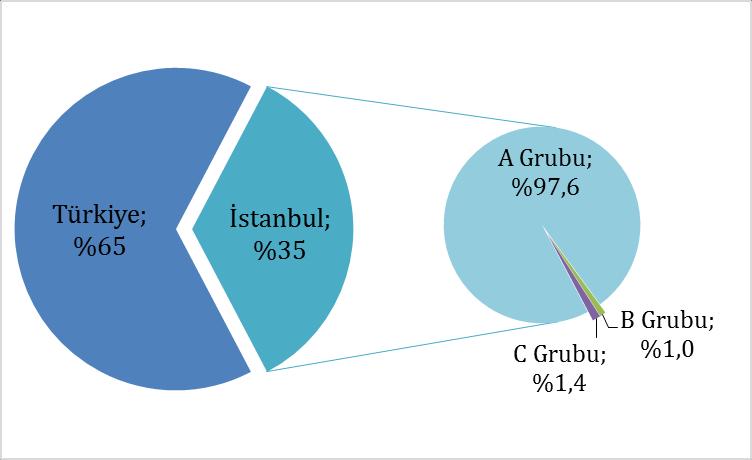 İSTANBUL DAKİ ACENTALAR Türkiye (İstanbul hariç diğer iller) Turizm Seyahat Acentaları A Grubu B Grubu C Grubu Toplam Toplamda Oranı 6111 30 90 6231 % 65 İstanbul 3219 33 44 3296 % 35 TOPLAM 9330 63