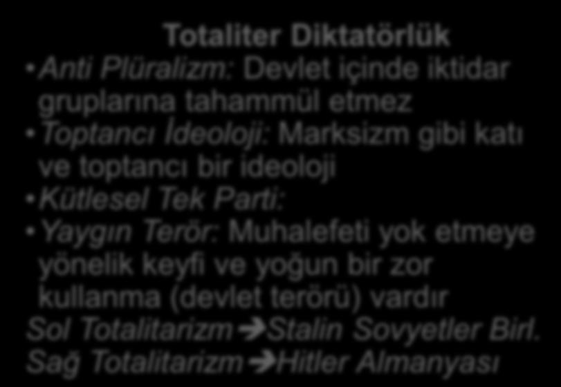 (Juan Linz): Otoriter Diktatörlük Sınırlı Plüralizm: İdeoloji önemsiz Zihniyet önemli Siyasal mobilizasyon ve katılım yaygın ve yoğun değildir Franko İspanyası Salazar Portekizi Kaddafi Libyası