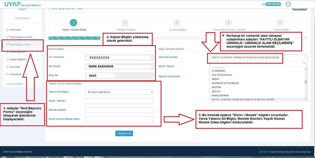 1. Adım, Sicil Başvuru Formu Butonunu