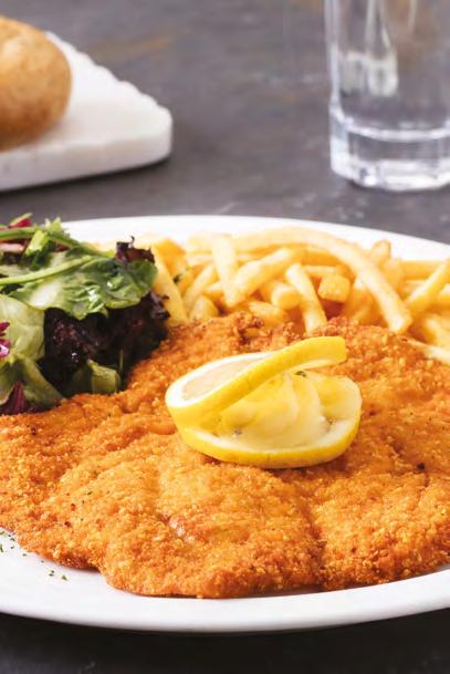 Meksika fasulyesi, ıspanak, jalapeno biberi, kremalı cheddar sos ve patates ile ÇITIR LEZZETLERDEN SEÇMELER PİLİÇ SCHNITZEL 33,50 Akdeniz yeşilliği ve patates ile MILANO USULÜ SCHNITZEL 38,00