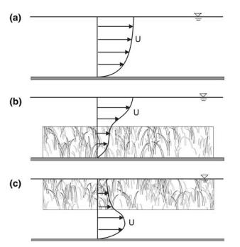 BAUN Fen Bil. Enst. Dergisi, XX(X), X-X, (201X) Şekil 1. a) Boş kanalda hız dağılımı b) Batmış bitki varlığında hız dağılımı c) Askıda bitki varlığında hız dağılımı [3].