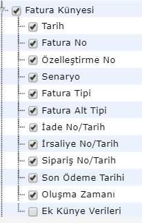 Fatura Künyesi tablo satırlarında görüntülenen alanlar; o Tarih o Fatura No o Özelleştirme No o Senaryo o Fatura Tipi o İade No/Tarih o İrsaliye No/Tarih o Sipariş No/Tarih o Son Ödeme Tarihi o