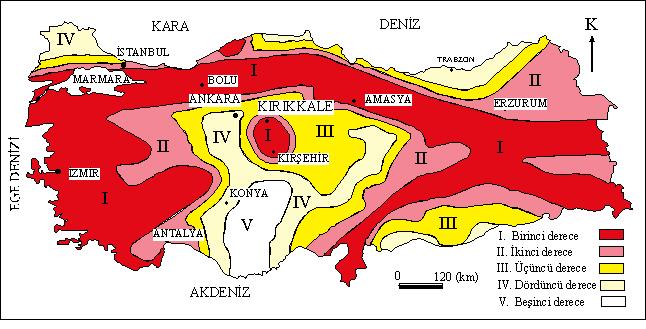 Şekil. 2.4 Türkiye deprem bölgeleri haritası (AİGM, 1996) Çizelge 2.1 İnceleme Alanı ve Civarında 01.01.1900-31.12.2002 tarihleri arasında M 6.