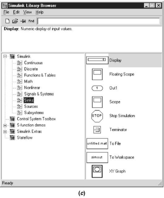 Yine Simulink Library Browser penceresinde Sinks kütüphanesi tıklanırsa, sağ tarafta bir sisteme çıkış vasfı teşkil edebilecek, bir sinyalin zamana göre ya da başka bir sinyale göre değişimini