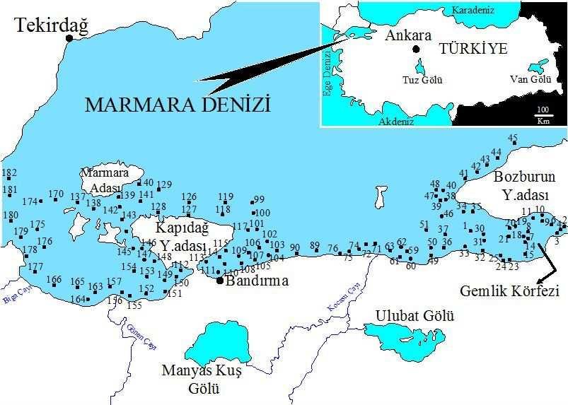 her iki ucundaki sığ kıta sahanlıkları ile İstanbul ve Çanakkale Boğazlarına bağlanmaktadır. Şekil 3.1 Çalışma alanı ve çevresi ile örnek alınan noktaları gösterir yer bulduru haritası (Aliyev vd.