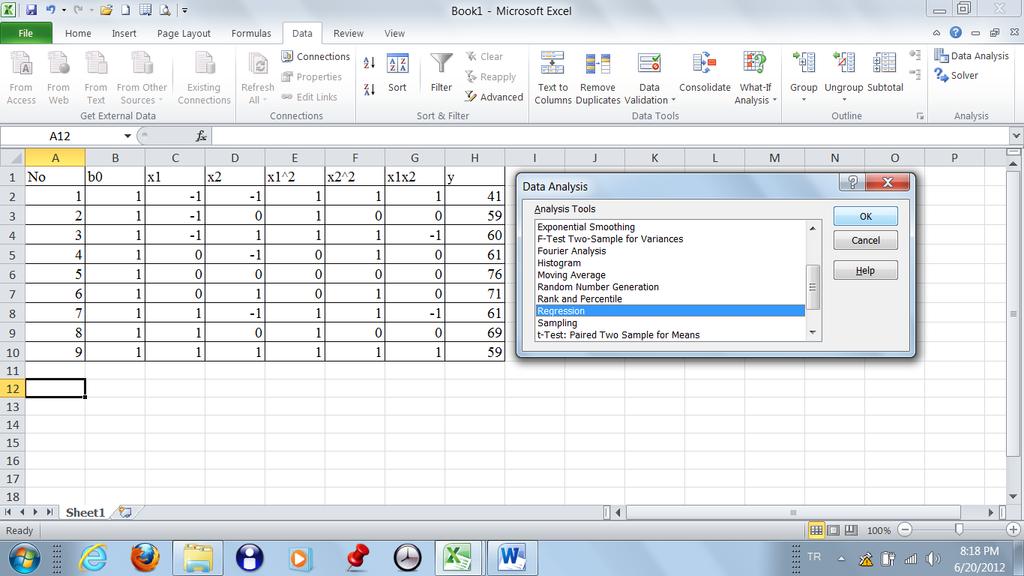 e = y - (6) Bu noktaya kaar verilen bu reaksiyon verimine ilişkin örneğin regresyon, ANOVA ve t-testi analizleri aşağıa verilen MS Excel sayfalarına aım aım verilmiştir.