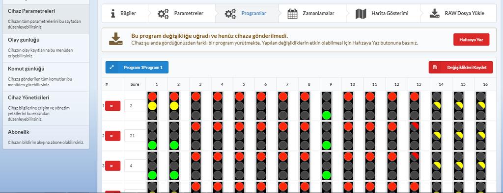 TEST MODU Kavşak Kontrol Cihazında servis amacı ile kullanılan cihaz üzerinde tanımlanmış kart ve grup adedince temsili olarak ekranda gösterilen trafik ışıklarının mouse ile