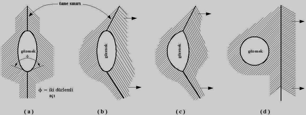 Sinterlemenin ileri safhalarında gözenek ile tane sınırı arasındaki etkileşim üç şekil alabilir; [Sarıtaş ve ark., 2007]. 1- Gözenekler tane sınırlarında kalır ve böylece tane büyümesini engeller.