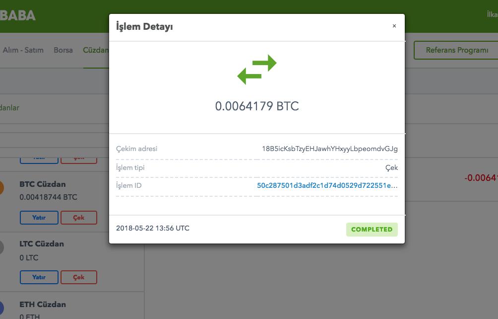 KRİPTO PARA GÖNDER / AL Gönderim / Alım sonucunda işlem