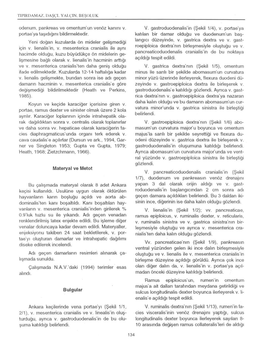 TII'IRDAMAZ. DAŞ~ :ı. YAL~:IN. BEŞOLUK odenum, pankreas ve omentum'un venöz kanını v. portae'ya taşıdığını bildirmektedir. Yeni doğan kuzularda ön mideler gelişmediği için v. lienalis'in, v.