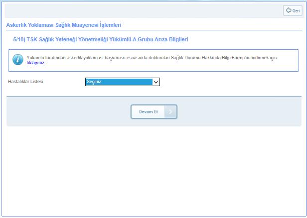 olduğunu ifade eden yükümlü için hastalık listesinden GÖZ HASTALIKLARI seçilmeli ve çıkan göz ASAL hastalıklarından : 71860412-1130-...-18/ASAL 71860412-1130-166849-18/ASAL yükümlüde tespit edilen İşl.