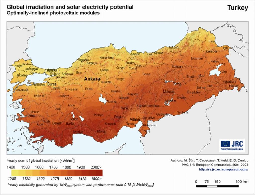 Haritadan görüldüğü üzere, Türkiye Avrupa ülkeleri içinde güneş ışınımı yeğinliği açısından üstün coğrafi koşullara sahip ülkelerden biridir.