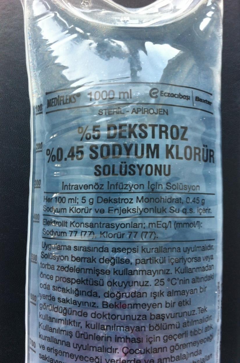 Dekstroz ve Sodyum Klorür İçeren Solüsyonu % 5 Dekstroz % 0,2 NaCl İçerik Dekstroz: 50 gram/l Sodyum: 34,2 meq/l Klorür: 34.