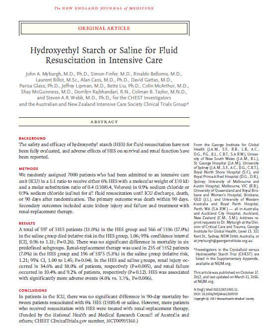 Avustralya ve Yeni Zelanda da 32 hastanede, yoğun bakım ünitesinde sıvı desteğine ihtiyacı olan 7000 hasta %6 HES ve %0.9 sodyum klorür tedavilerine randomize edildiler.