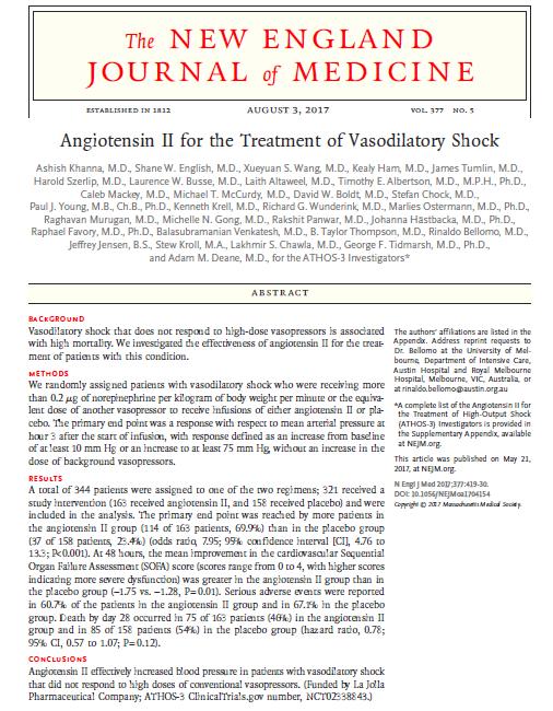 ATHOS-3 (Angiotensin II for the Treatment of High-Output Shock) Çok merkezli (9 ülkedeki 75 yoğun bakım ünitesi), randomize ve çift-kör çalışma Yüksek doz* vazopressöre dirençli olan şoktaki 321