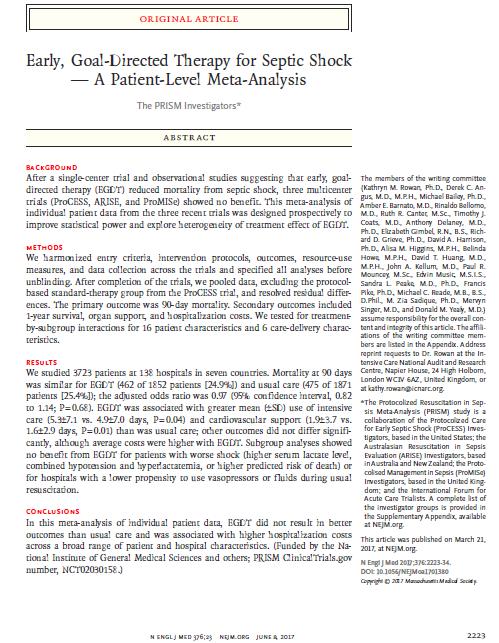 PRISM (The Protocolized Resuscitation in Sepsis Meta-Analysis) ProCESS, ARISE ve ProMISe çalışmalarının meta-analizi Yedi ülkedeki 138 hastanede yatan 3723 hasta Birincil