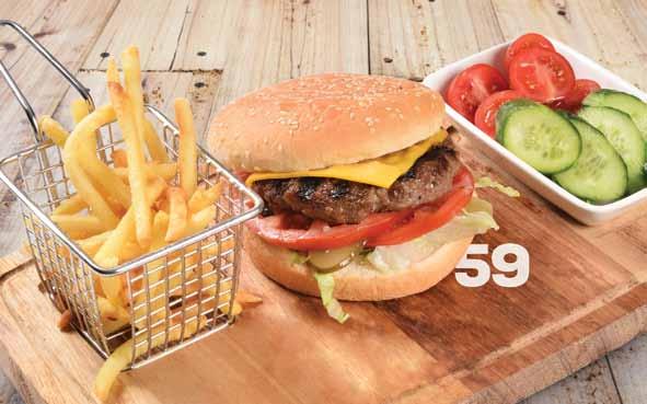 27,50 tl 57 Mexican Burger Hamburger ekmeği arasında özel burger köftesi, meksika biberi ve fasulyesi, acı sos, cheese peynir, domates, turşu, iceberg, yanında patates kızartması, domates ve