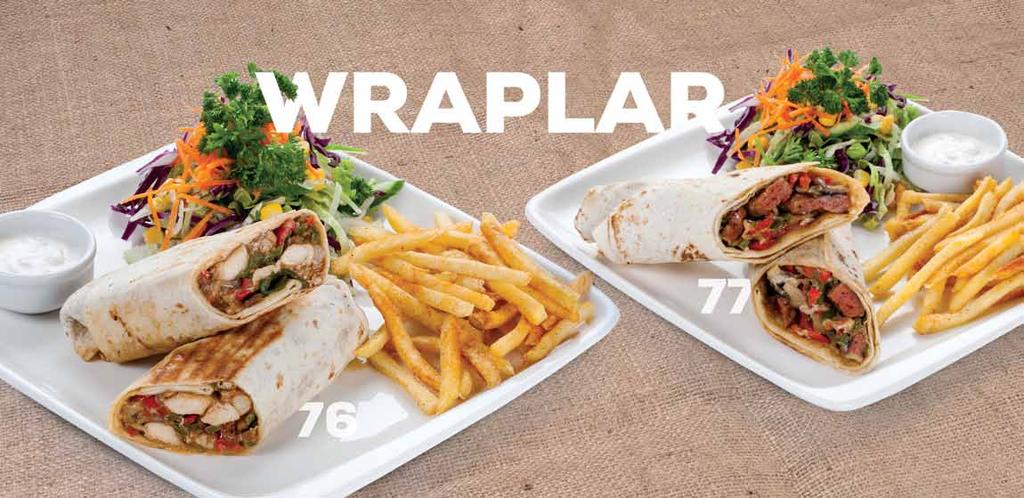 30,50 tl Et Wrap 76 Tavuk Wrap Jülyen doğranmış tavuk bonfile, biber, mantar, tortilla ekmeği, yanında patates kızartması ve mevsim