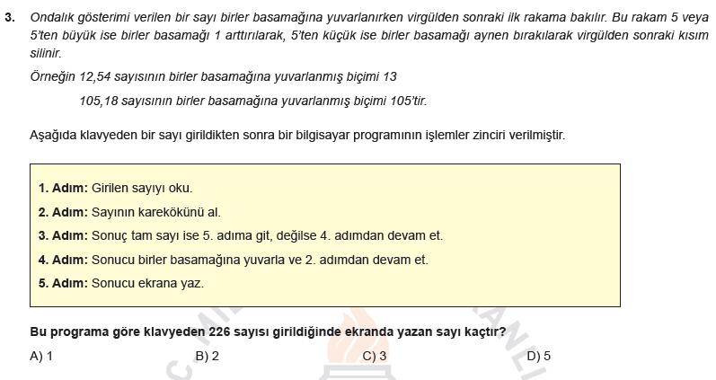 6 nın karekökü alınacakmış. 5 in karekökünü 15 olarak biliyoruz. 6 nın karekökü de 15'ten büyük bir sayıdır, ancak 15'e çok yakındır. (15,033 gibi) Bu sayı birler basamağına yuvarlanınca 15 olacaktır.