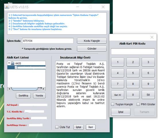 Gönder butonuna bastıktan sonra Akıllı Kart PIN Kodu