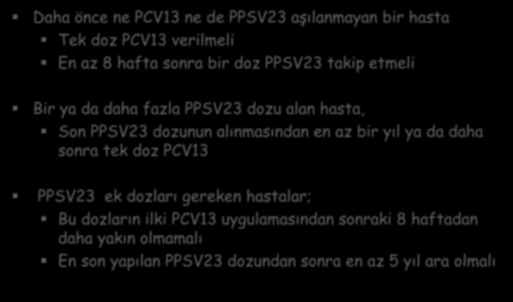 SOT hastalarında-pnömokok Aşılaması Daha önce ne PCV13 ne de PPSV23 aşılanmayan bir hasta Tek doz PCV13 verilmeli En az 8 hafta sonra bir doz PPSV23 takip etmeli Bir ya da daha fazla PPSV23 dozu alan