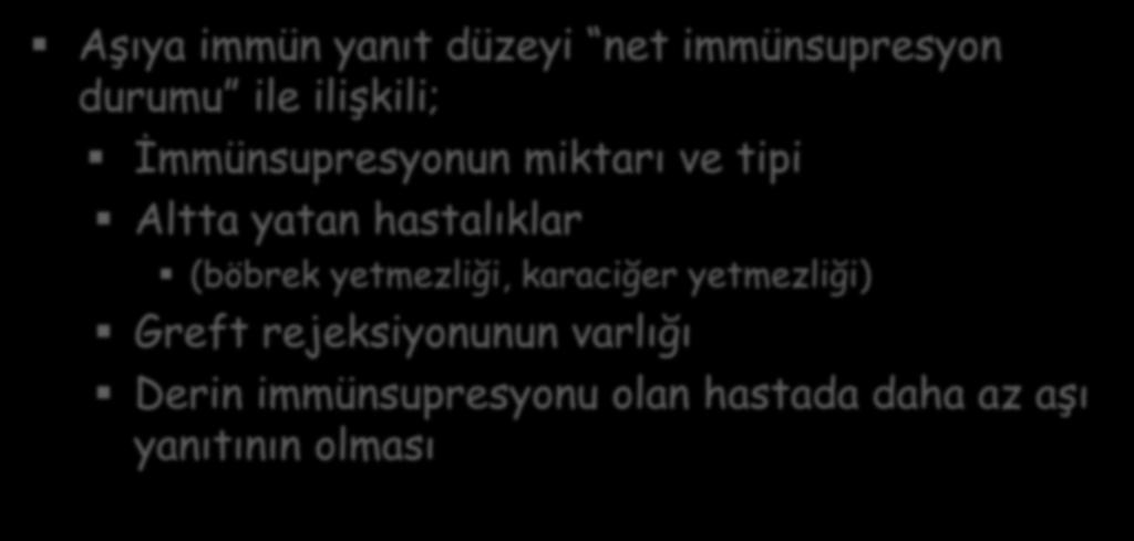 SOT hastalarında aşılama-immünolojik sorunlar Aşıya immün yanıt düzeyi net immünsupresyon durumu ile ilişkili; İmmünsupresyonun miktarı ve tipi Altta yatan hastalıklar (böbrek