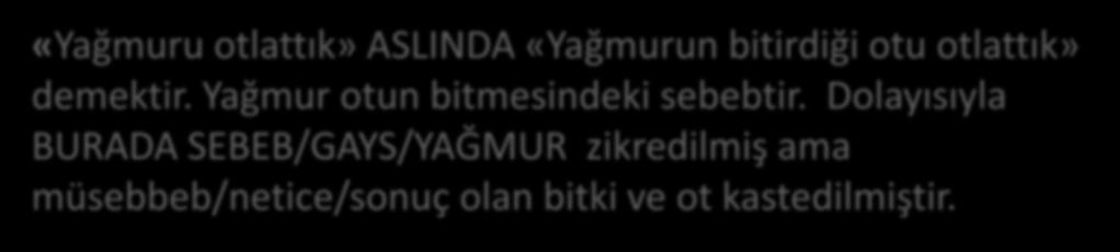 1-SEBEBİYYE ALAKASI Sebebi söyleyip sonucu kastetmektir.. «Yağmuru otlattık» ASLINDA «Yağmurun bitirdiği otu otlattık» demektir. Yağmur otun bitmesindeki sebebtir.