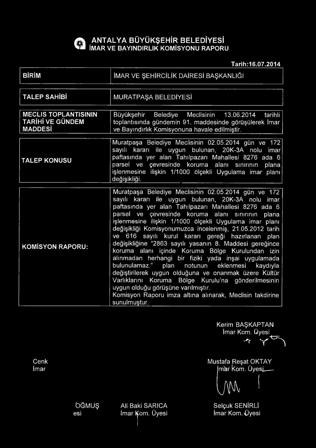 2014 tarihli toplantısında gündemin 91. maddesinde görüşülerek İmar ve Bayındırlık Komisyonuna havale edilmiştir. Muratpaşa Belediye Meclisinin 02.05.