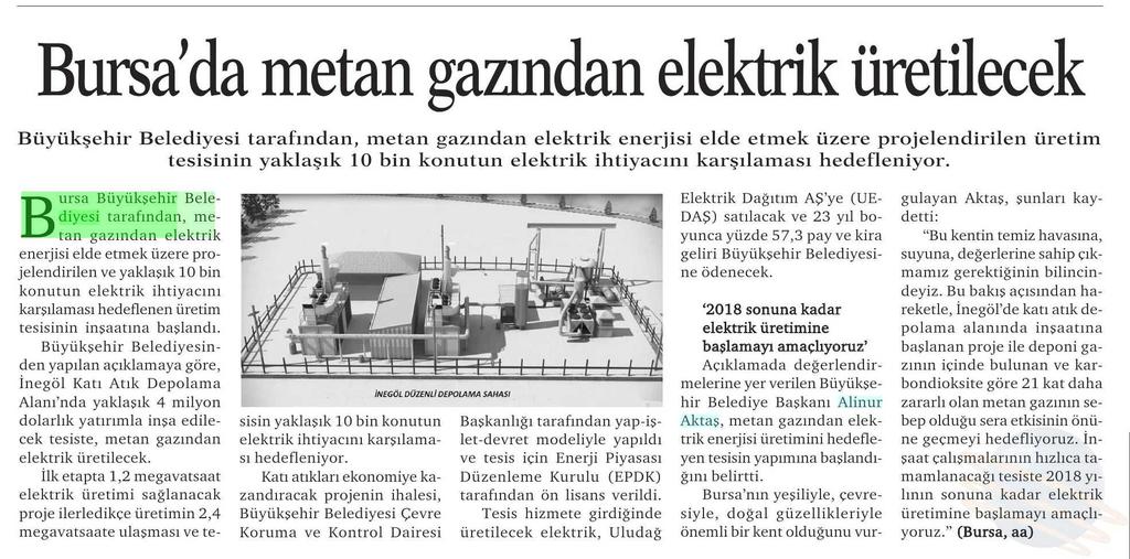 BURSADA METAN GAZINDAN ELEKTRIK ÜRETILECEK Yayın Adı :