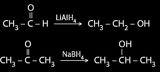 İndirgenme tepkimeleri hem yukarıdaki gibi uygun katalizörler eşliğinde H2 katılmasıyla hem de NaBH4, LiAlH4 gibi metal hidrürler kullanılarak gerçekleşir.