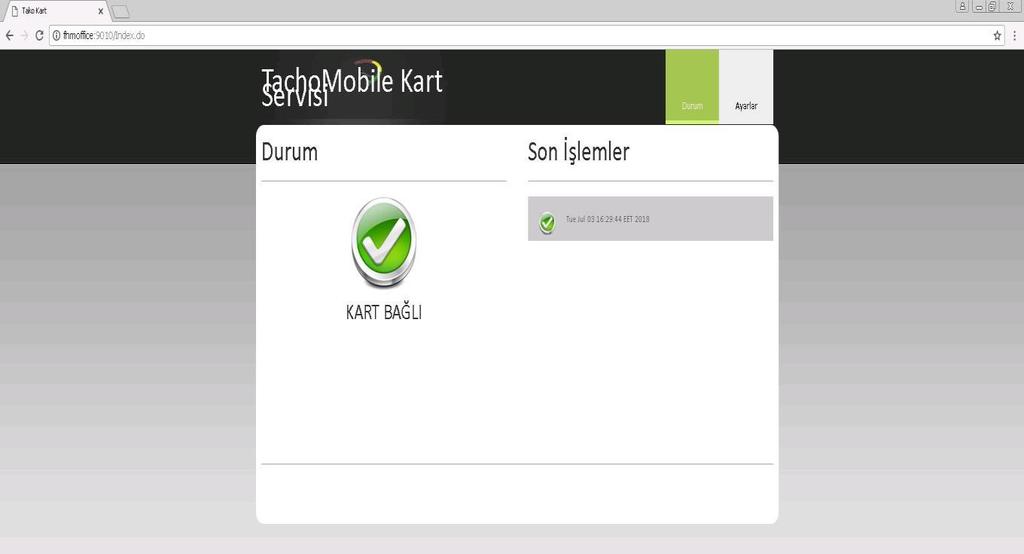 Kart durumunu kontrol etmek için tarayıcıya localhost: 9010/Index.do yazınız.