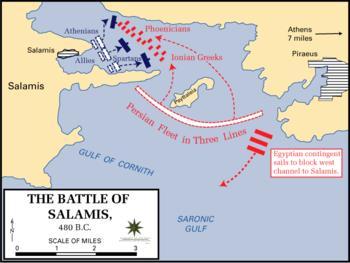 Temistokles in stratejisi ile, Kserkses in aceleci tavrından dolayı 12 saat süren eylül savaşında MÖ 480 de Salamis de yapılan savaşta Pers