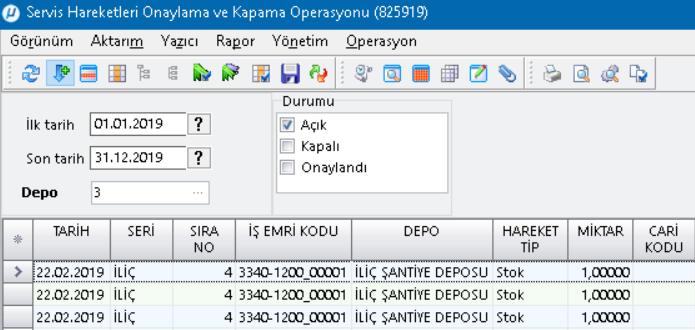 Servis Hareketleri Onaylama ve Kapama Operasyonunun Depo Bazlı Çalışması Tamir Servis Yönetimi modülünde bulunan Servis hareketleri onaylama ve kapama operasyonu (825919) ekranının servis evrakını