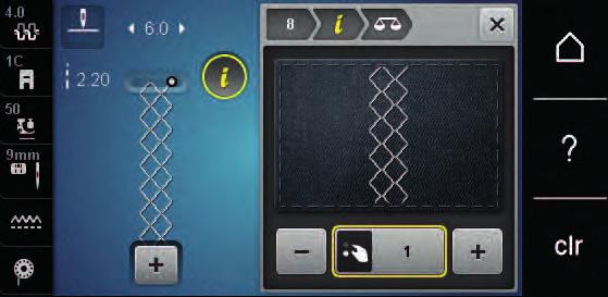 Yaratıcı dikiş > Dikiş deseninin düşey yönünü düzeltmek için «Alt Çok İşlevli düğmeyi» çevirin. Desen tekrarının programlanması Dikiş desenleri, 99 defaya kadar tekrarlanabilir.