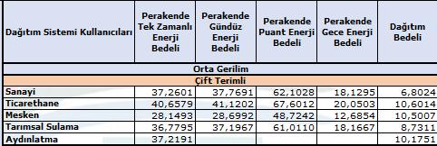 Çift Terimli TEK ve ÇOK (ÜÇ) ZAMANLI Tarife (Perakende/01.01.2019 31.03.2019) Mesken (01.10.