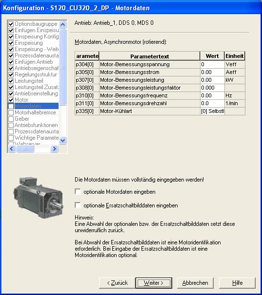 İşletmeye alış 7.11 Dönüştürücüde motor parametrelerinin ayarlanması 5. "Motor verileri" tablosundaki "Değer" sütununa ilgili motor verilerini girin. Parametre p304.