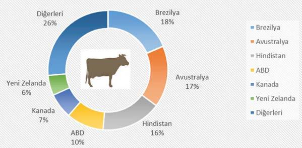 Şekil 3: 2016 Dünya Sığır Eti İhracatında Önde Gelen Ülkelerin Payları, FAO Uluslararası talebin yüksek olması 2016 yılında kanatlı fiyatlarının yükselmesine sebep olmuştur.