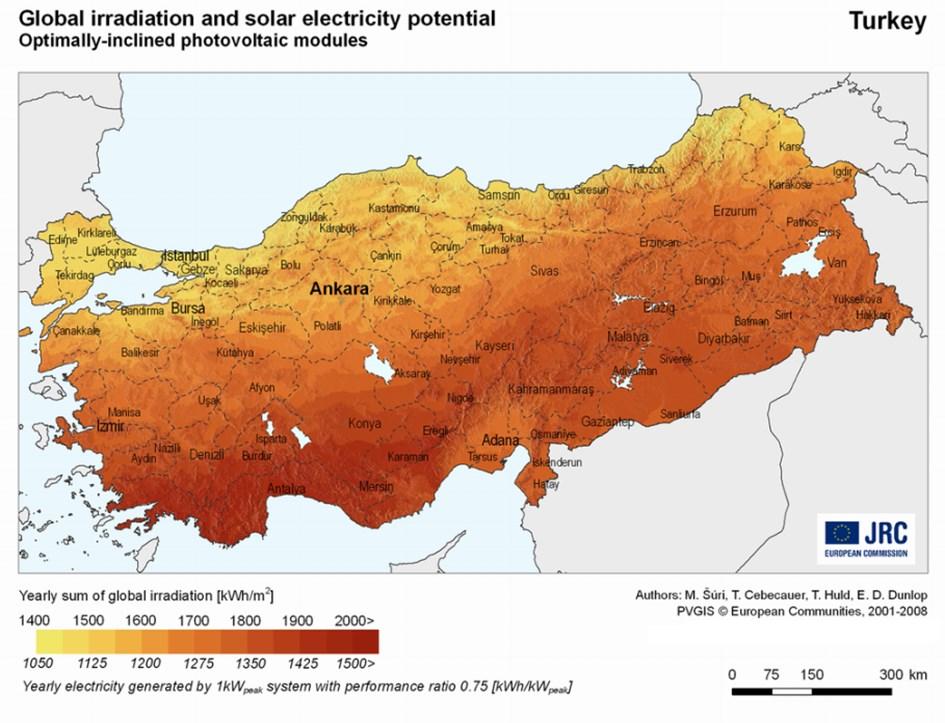 Yoğunlaştırıcılı Güneş Enerji Sistemleri Dr. Hüseyin ERDOĞAN Şekil 4.2. Türkiye güneş enerjisi termik santral potansiyeli Şekil 4.3. Global ışıma ve güneş enerjisi potansiyeli 4.