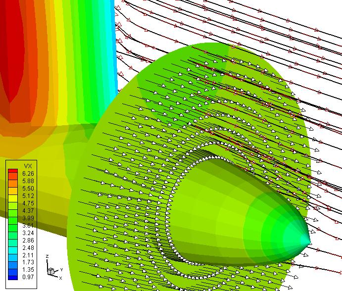 Akım Yönü Şekil 3.18 : Strut Arkasındaki Düzlemde Hız Vektörleri, x=3.455 m Pervane Düzlemi.. 3.13 Gelen Hızların Tanımlanması VFLOW da genel çözümler için cisim üzerine gelen hız ve hız vektörünün cisim ekseni ile yaptığı açı tanımlanmaktadır.