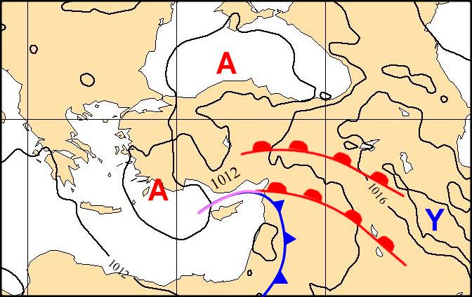 Şekil 9. Yer Haritası 1 Kasım 2006 12 UTC 2.5 Yüksek Seviye 1.11.2006 12 UTC 850 ve 700 hpa Haritaları 850 hpa analizinde bölge üzerinde güneyden gelen sıcak hava girişi görülmektedir.