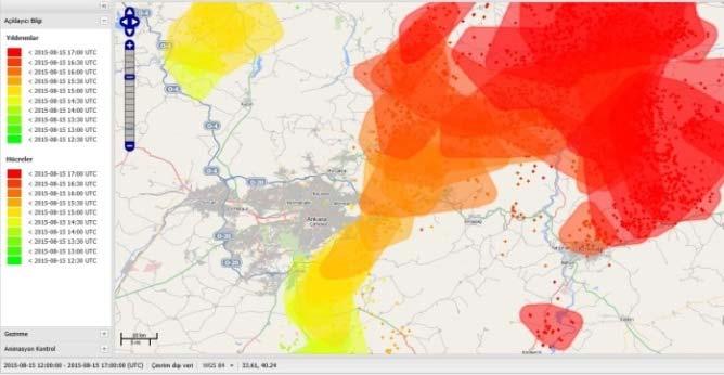 YTS ürünleri (14:30-16:30) Yıldırım Tespit Sistemi (YTS) ürünlerinin üst üste aynı resimde gösterimi sistemin yoğun olduğu alanları tespiti