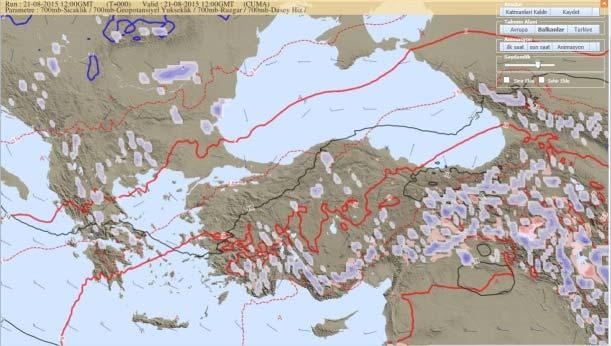 Şekil 14. 500 hpa 00,12 (UTC üstte), 700 ve yer basın haritası 12:00 UTC (altta) Çok kuvvetli kararsızlık şartları yoktur ancak uzun süre devam eden nem toplaması mevcuttur.