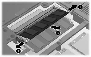 9. Bellek modülü bölmesinin kapağını (2) kaldırıp bilgisayardan çıkarın. 10. Bellek modülünü çıkarın: a. Bellek modülünün her iki tarafındaki tutma klipslerini (1) dışarı doğru çekin.