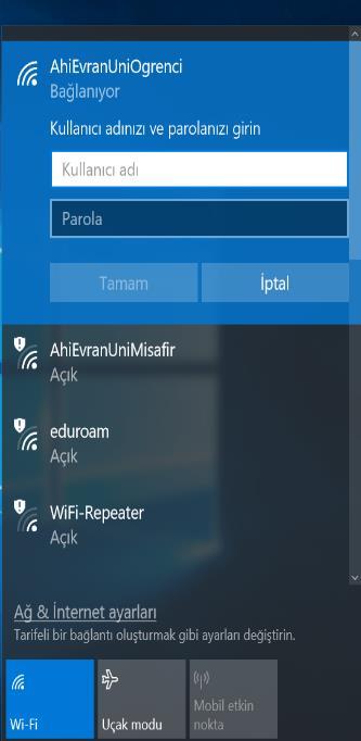 Sayfa 5 / 9 Dizüstü bilgisayarlar için; Windows 8.1/10 İşletim Sistemine Sahip Bilgisayarlar: Karşımıza gelen Ağ seçeneklerinden AhiEvranUniOgrenci seçilir.