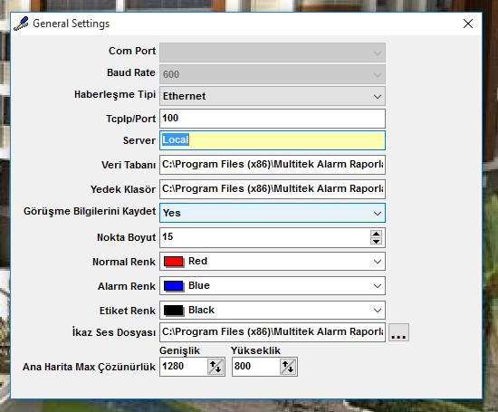 Alarm raporlama programının ayarlar /Genel Ayarlar kısmında Haberleşme Tipi Ethernet seçilir ve TCP-IP /port numarasıda 100 olarak tanımlanır. Başka bir ayara gerek yoktur.