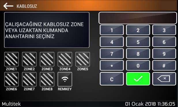 Ekran 8.6 Kablosuz dedektör ve kumanda tanıtılması sayfası. Kullanıcı eğer uzaktan kumanda tanıtacaksa REMKEY ikonuna, kablosuz dedektörleri zone lara atayacaksa, atayacağı zone ikonu üstüne dokunur.