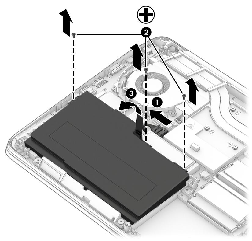 6. Pil çıkıntısını (3) çekin ve pili bilgisayardan çıkarın. Pil gücünü tasarruflu kullanma Windows Denetim Masası ndaki Güç Seçenekleri nden düşük güç kullanımı ayarlarını seçin.