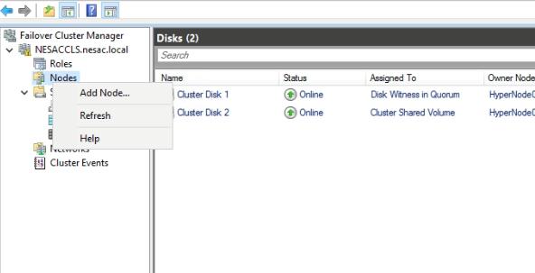 HyperV Cluster a cluster kurulumu kurulduktan sonra Node Add Note ile cluster a node eklenir.